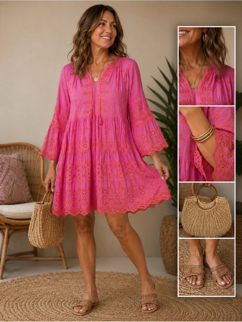 Hale Bob Pink Embroidered Boho Tunic Dress